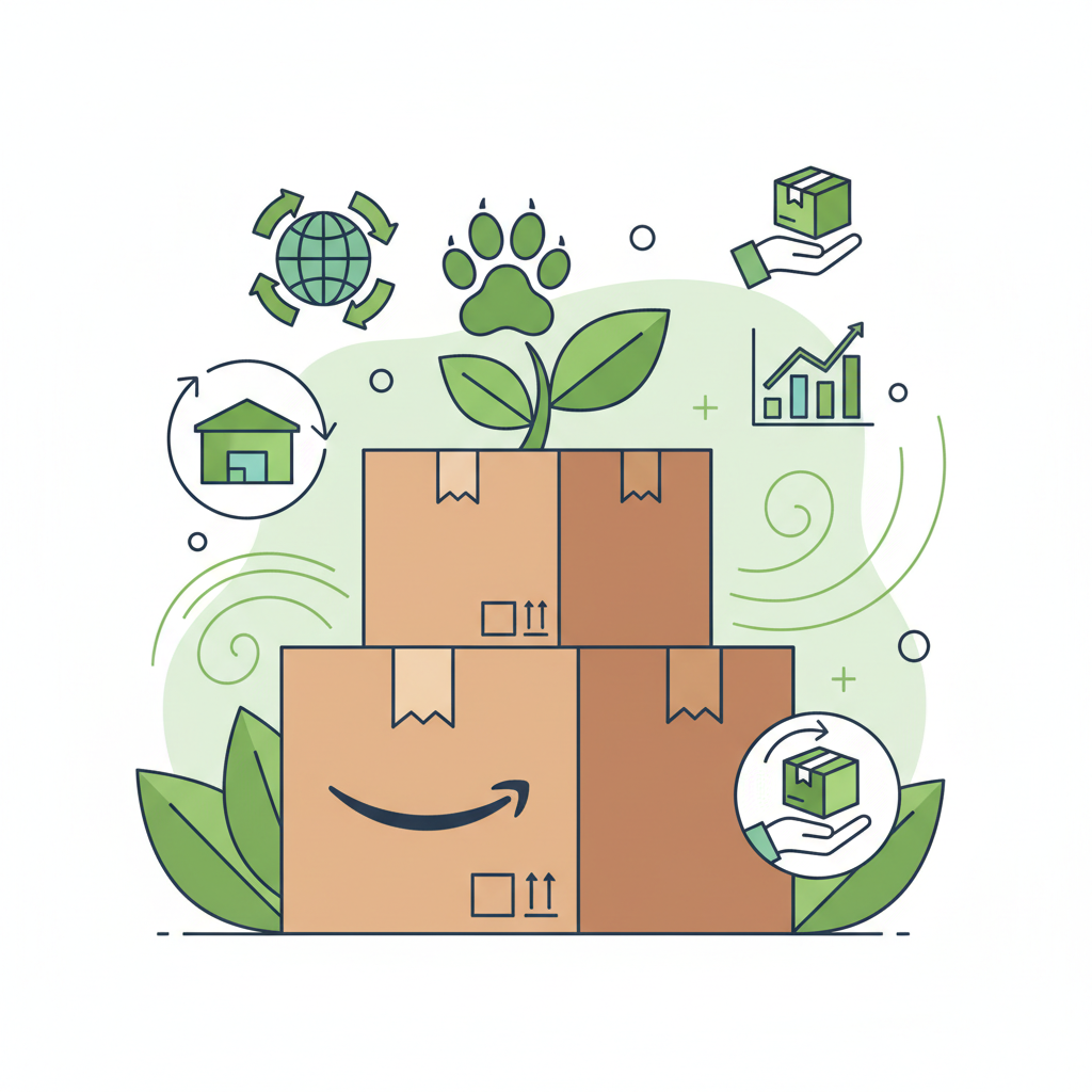 Illustration of branded shipping boxes surrounded by leaves, a paw print, a globe, and a growth chart