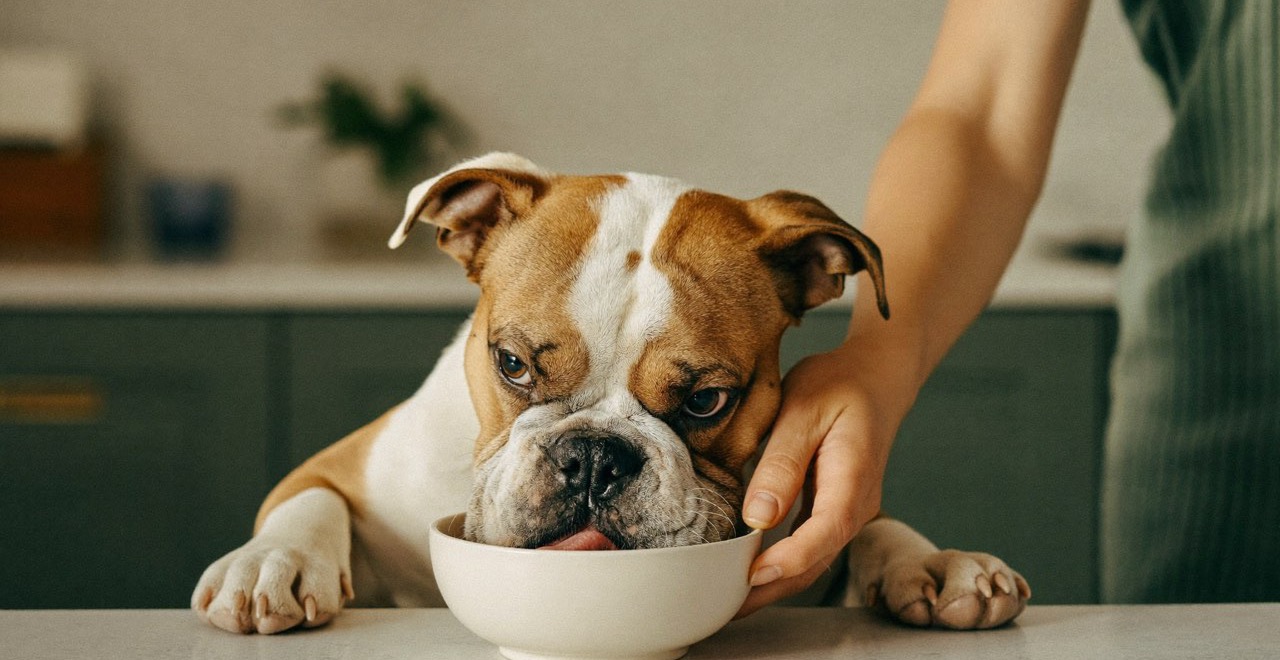 A bulldog being fed from a bowl in a kitchen